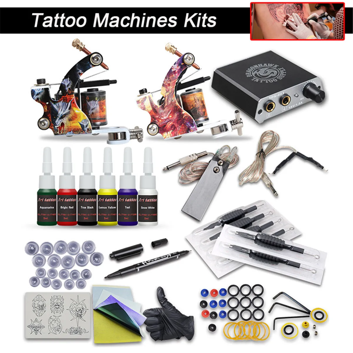 

Tattoo Coil Machine Kit Two Machines 110V-220V US Pattern Complete Tattoo Power Supply Ink Kits For Artist Tattoo Kit Set