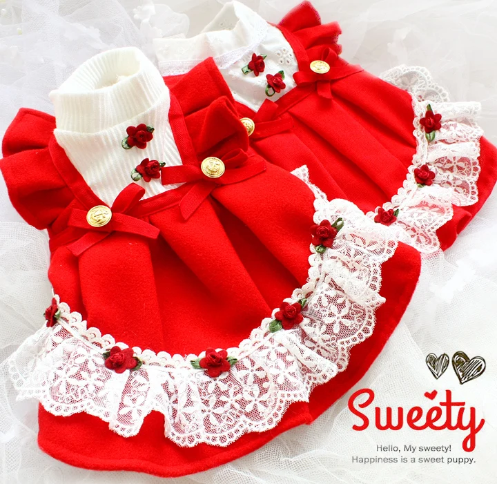 

Free shipping handmade luxurious dog dress clothes red rose woolen and linens lace moppet skirt for pet cat 2 fabric