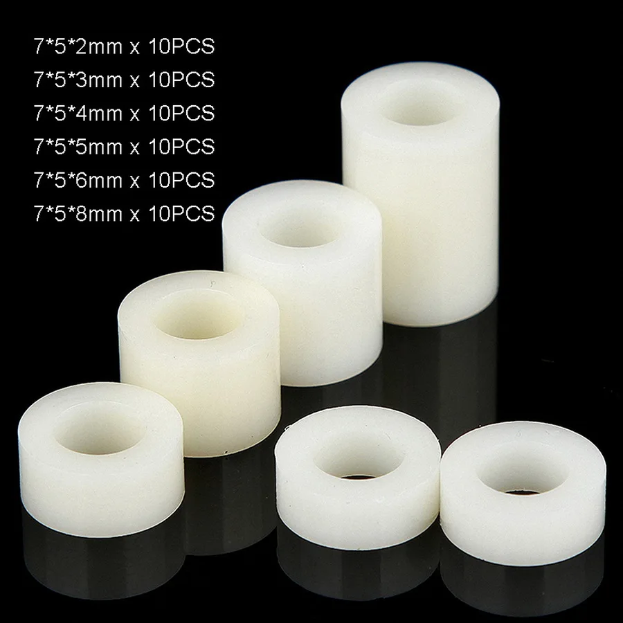 

60Pcs M5 White Nylon Non-Threaded Spacer ABS Round Hollow Standoff Round Washer OD7mm PCB Board Screw Kit Length 2-8mm