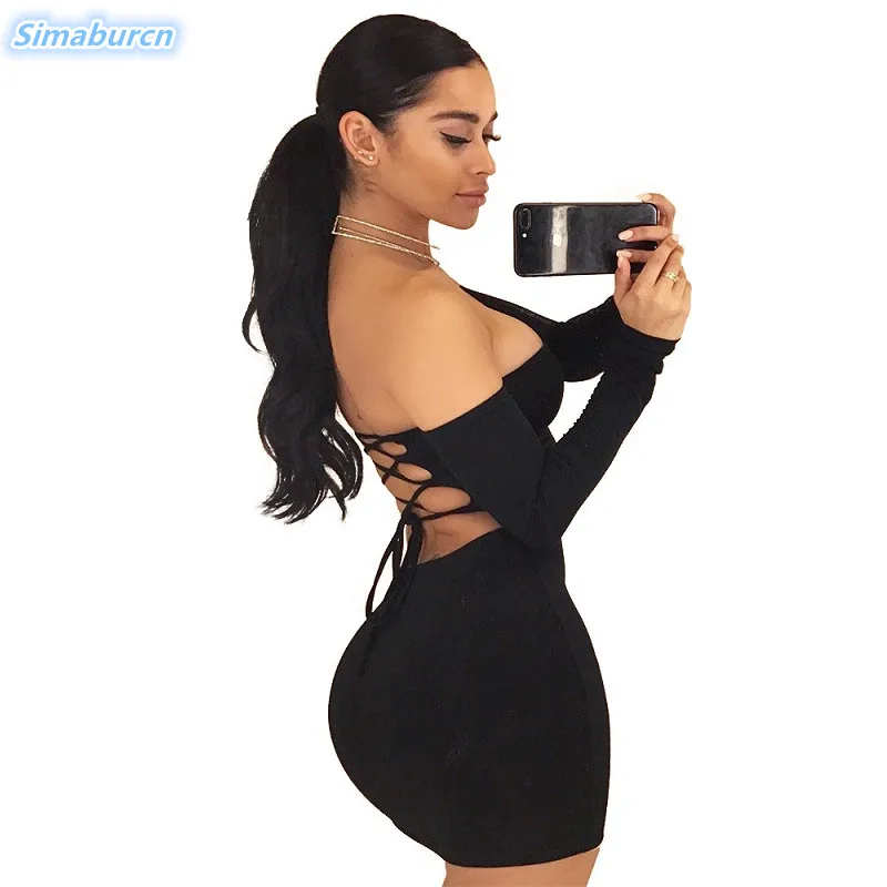 

2018 Summer Dress Sexy Lace Up Off The Shoulder Mini Dress Ladies Backless Sheath Bodycon Package Hip Black Dresses Vestidos