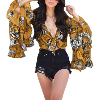 

Summer Women Printed Sun Protection Shirt Deep V Neck Loose Blouse Vintage Sweet Trumpet Flare Sleeve Casual Beach Tops