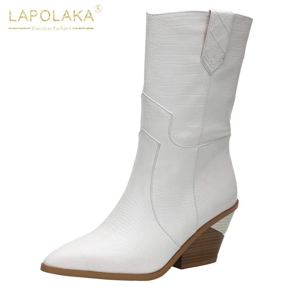 

2019 big Size 33-46 comfortable chunky Heels Mid Calf Boots Women Shoes Slip On Western boots Shoes Woman