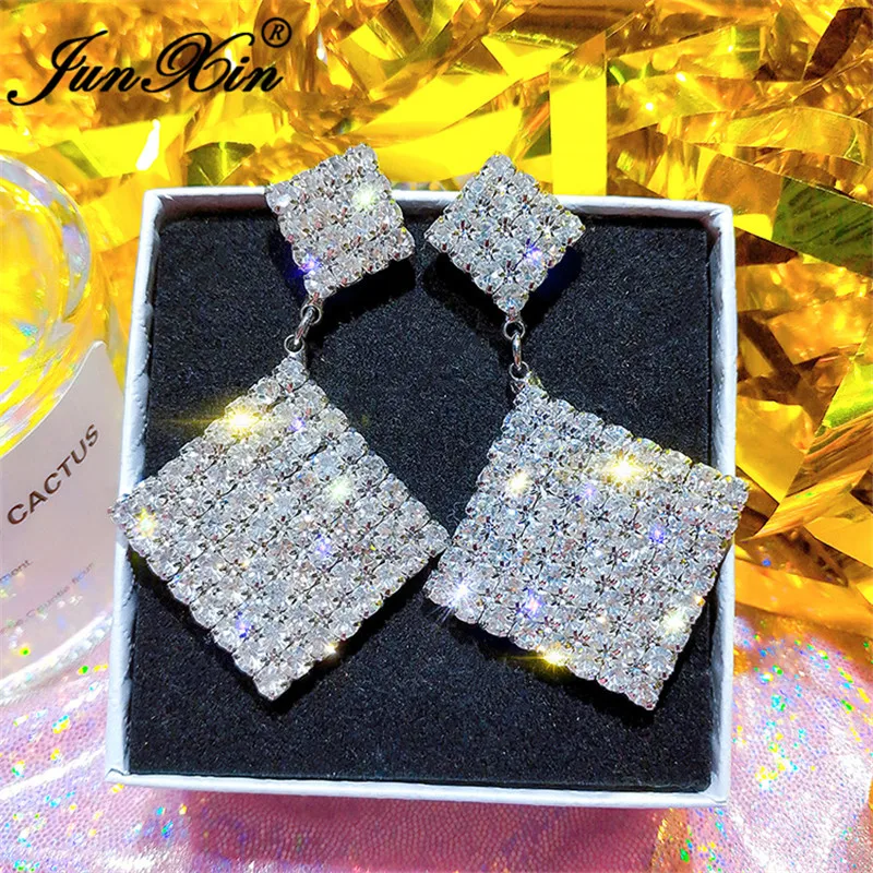 

JUNXIN Big Square Earrings 925 Silver Rose Gold Color Female White Crystal Korean Drop Earrings For Women Vintage Party Jewelry