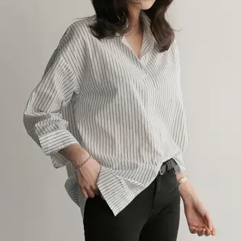 

Spring Autumn Women Blouse V-Neck Long Sleeve Work Shirts Women Office Tops Striped White Blouse Women Shirts Dropshiping