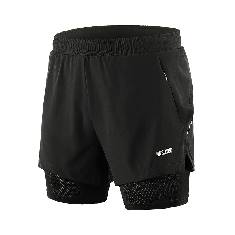 ARSUXEO, мужские шорты для бега, 2 в 1, быстросохнущие, для активных тренировок, упражнений, пробежек, спортивные шорты с более длинной подкладкой, B202 - Цвет: black