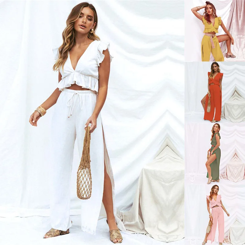 

Summer Fashion Women 2 Pieces Set Sleeveless Deep V Neck Ruffles Crop Top Women Blouse and High Waist Split Wide Leg Pants
