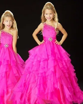 

Cute One Shoulder Little Kids Flower Girls DressesBeaded Princess Organza Sheer Prom Gown for Weddings Party Stage