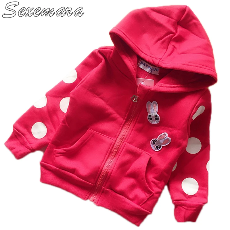

SexeMara New female children's autumn and winter plus velvet padded hooded jacket Printed dot baby birthday boy coat