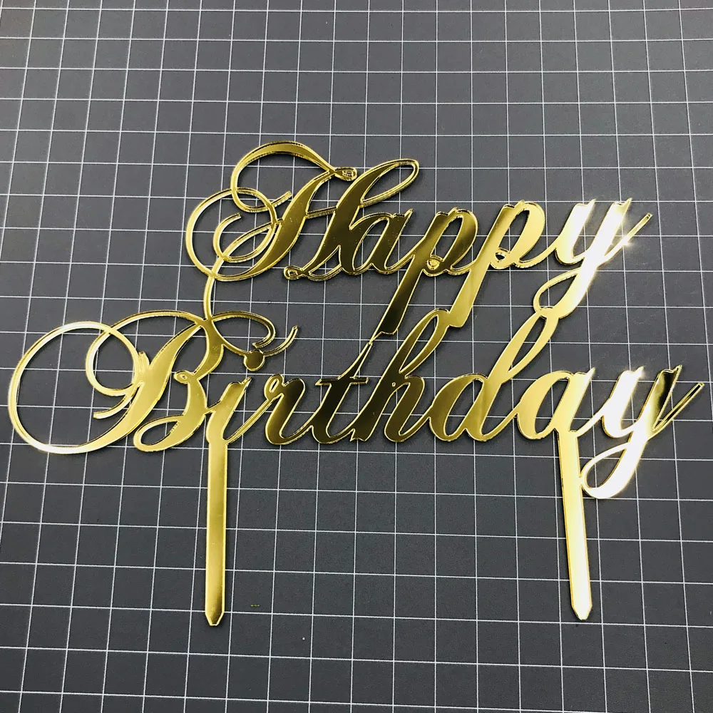 Mirror Gold Happy Birthday Cake Topper Decoration White Black Glod Silver Color Acrylic Cake Topper Stand Gift Supplies (2)