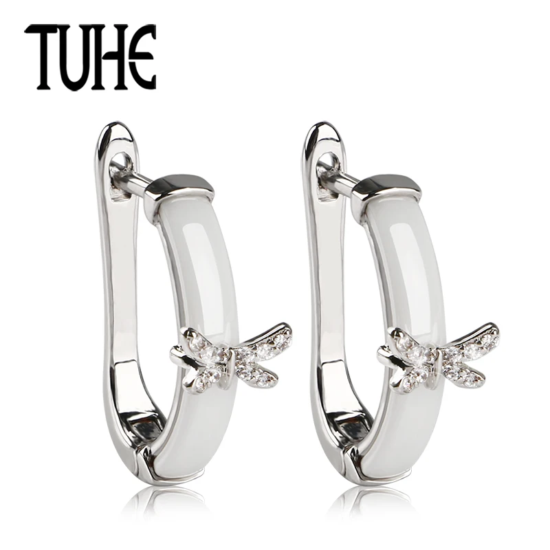 

TUHE Exquisite U Shaped Crystal Butterfly Earrings Black White Ceramic Earring Gold Silver Steel Butterfly Women Elegant Jewelry