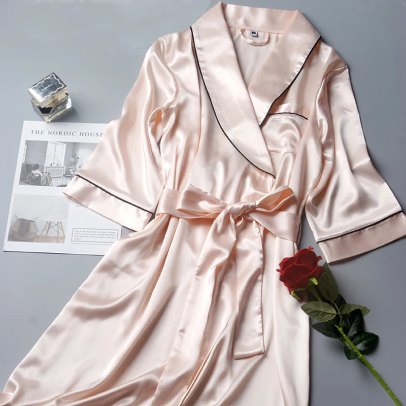 

R202 Women Silk Satin Wedding Bride Bridesmaid Robe Kimono Bath Nightgown Robe Large