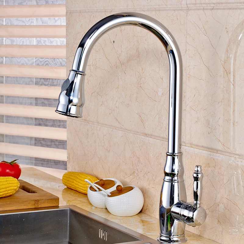 Chrome Finish Pull Out Kitchen Faucet Deck Mounted Sink Mixer Tap Dual Stream & Sprayer with Hot and Cold Water