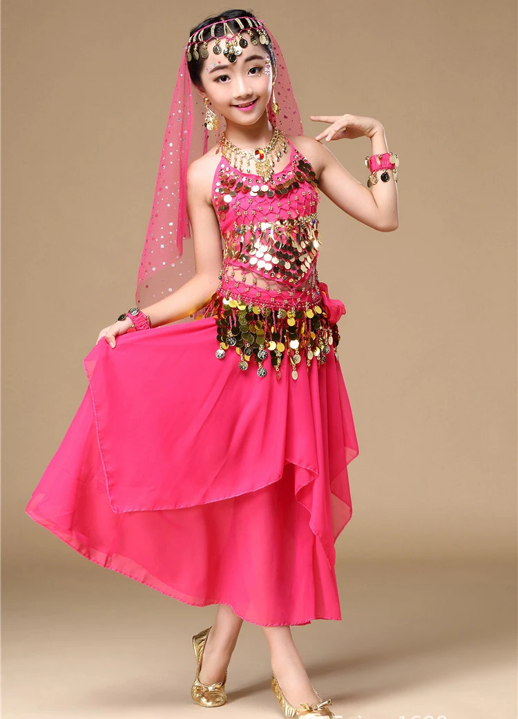 Комплект из 5 шт. для девочек, костюмы для танца живота, детские индийские танцевальные платья, Детские Танцевальные Костюмы Болливуда для
