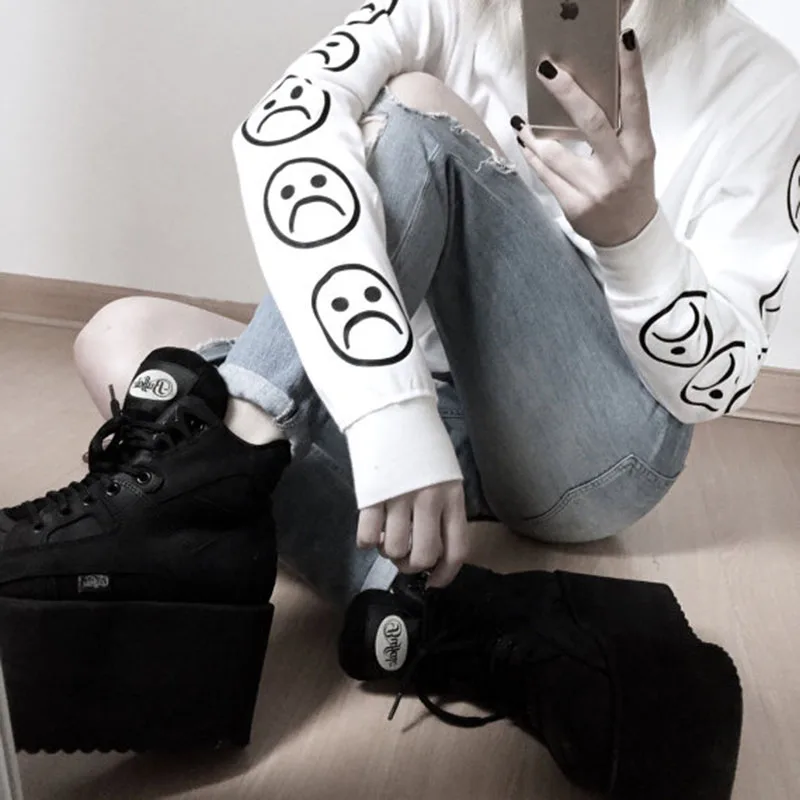 الأزياء حزينة وجوه التعبيرات المطبوعة هوديي البلوز النساء السببية طويل الأكمام س الرقبة رياضية أعلى الخريف الشارع الشهير البلوز