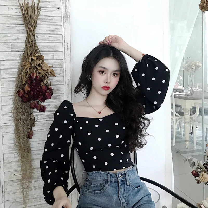

designer moda camisas fashion vintage style blouse women crop top chiffon polka dot shirts ladies blusa vetement femme new black