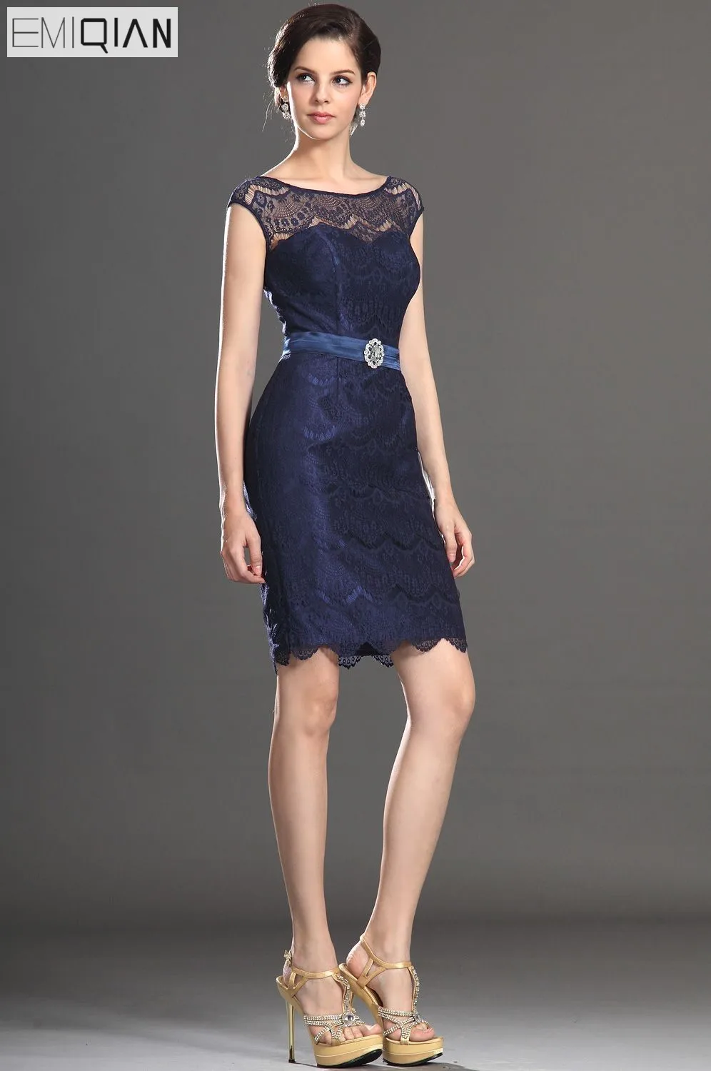 

Free shipping Elegant Cap Sleeves Navy Lace Cocktail Party Dress