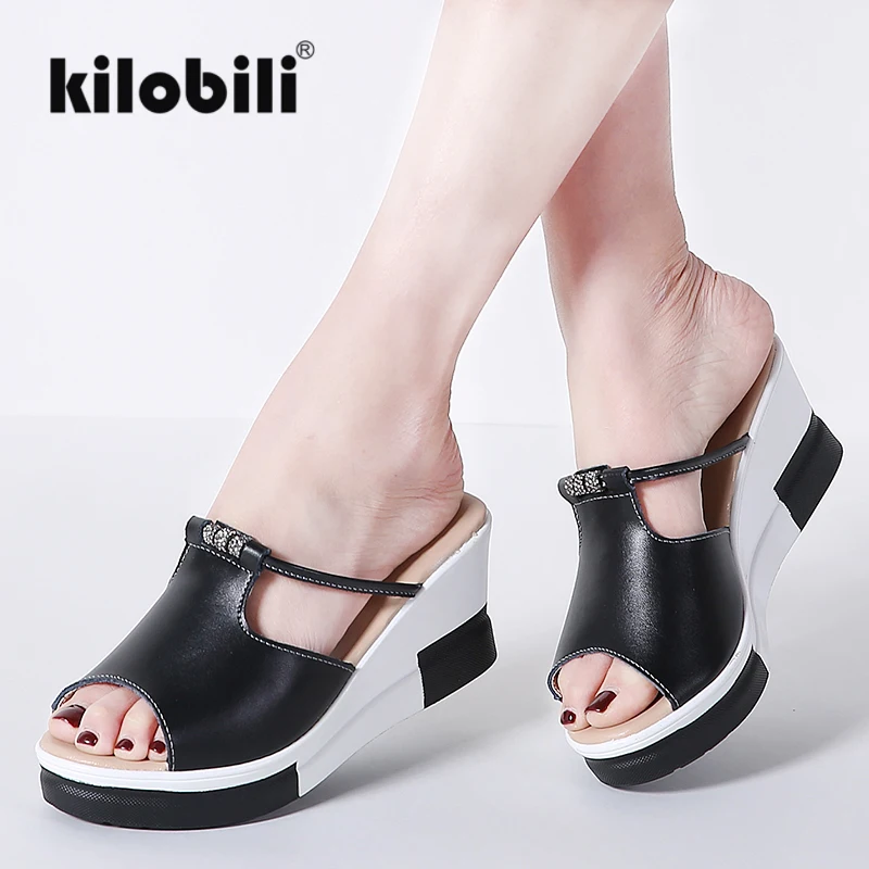 

Kilobili 2018 Summer Sandals Women shoes leather slip on high heel ladies wedge sandals crystal mules shoes fashion sandals flat