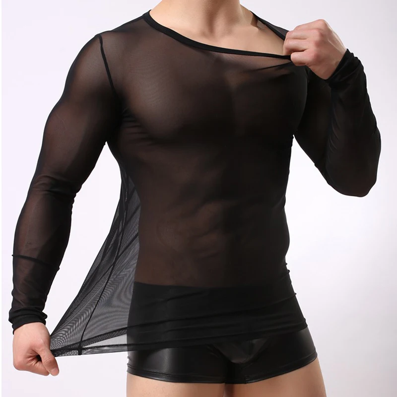 

Men Long-Sleeved T-Shirt Full Transparent Mesh Long Sleeve Underwear Slimming Casual Fad Korean Version Tees See-Through Blouses