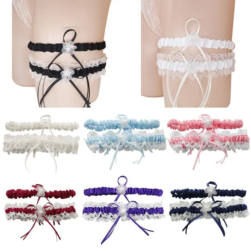 

8 Colors Wedding Bridal Thigh Garters Set Pleated Ruffles Lace Bowknot Floral Imitation Pearl Elastic Leg Ring Prom Party Favors