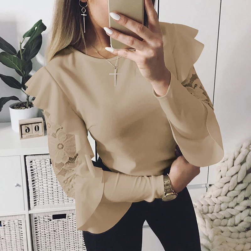 Women Ruffle Floral Lace Long Sleeve Blouse White/Khaki Autumn Elegant Shirt Blouses Tops Fashion Blouse Shirts