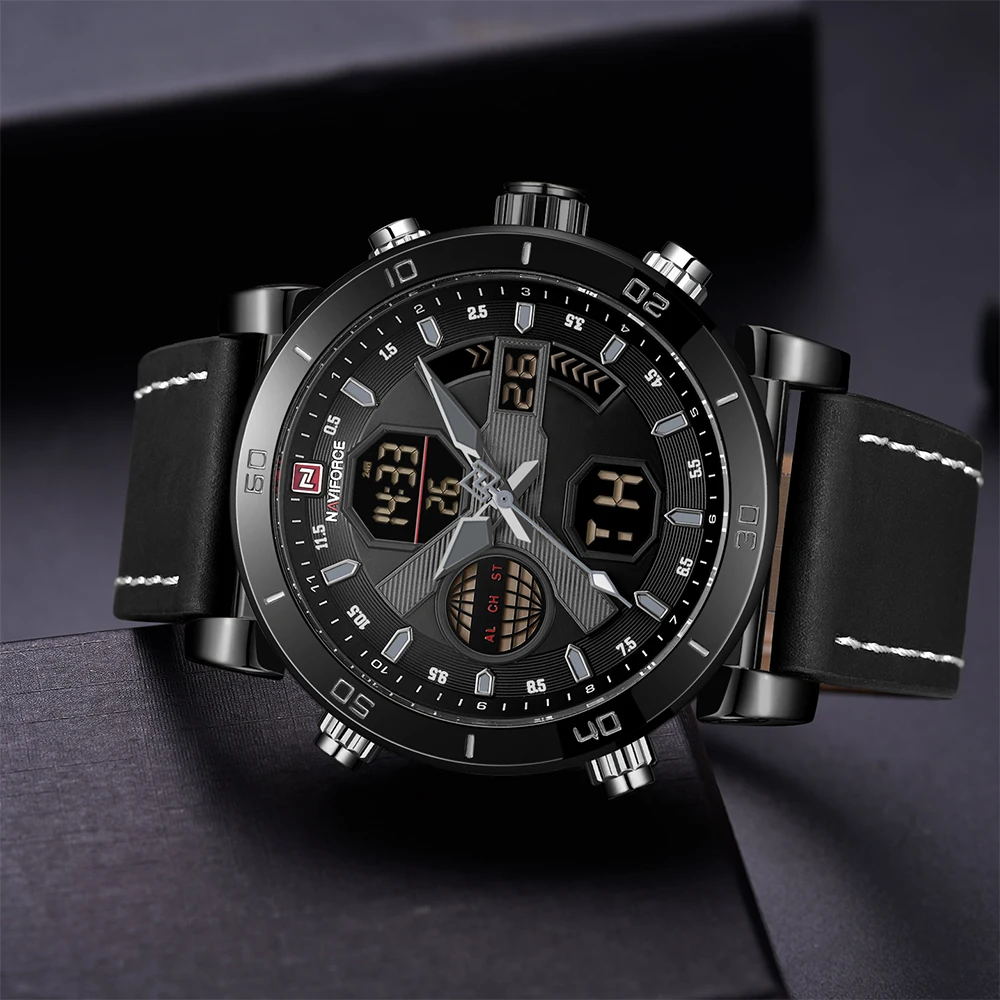  NAVIFORCE Brand Men's Watches Sport Military Dual Display Leather Watch Round 3ATM Waterpoof Multif