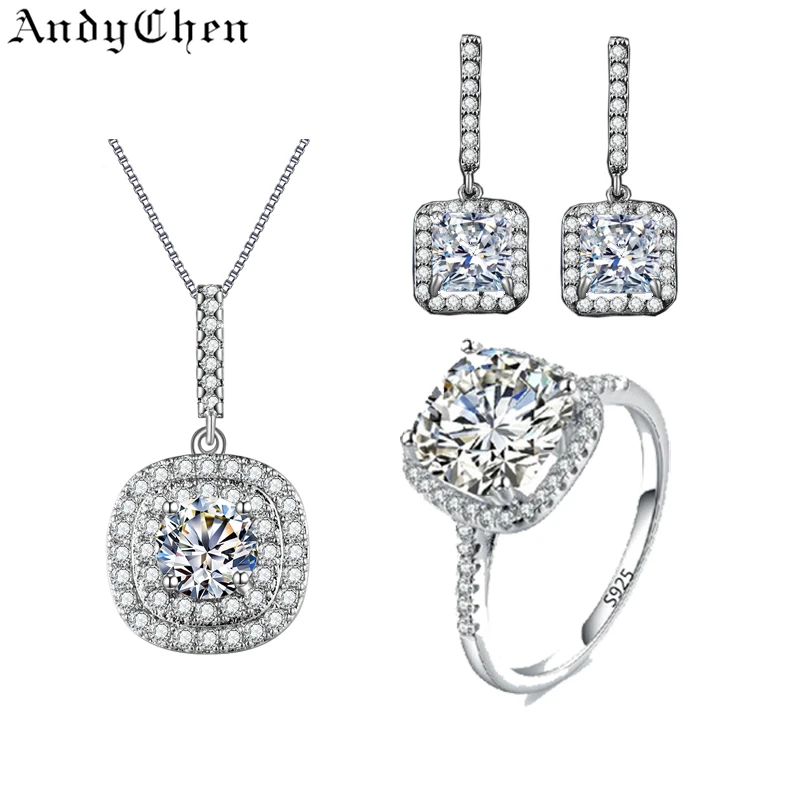 AndyChen Crystal Bridal Jewelry Sets for Women Square Silver Plated Necklaces & Pendants Earrings Wedding Rings Bijoux AJS017