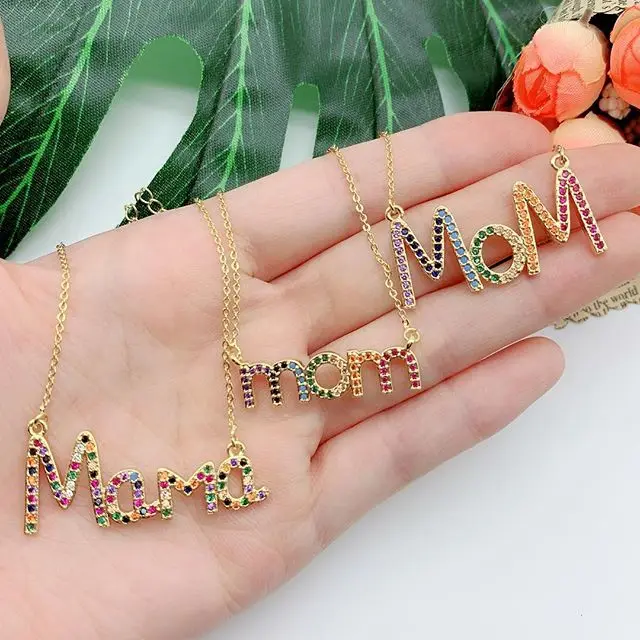

Luxury women fashion Pendant necklaces 925 sterling silver gold filled rainbow colorful CZ mom letter simpe trendy jewelry gift