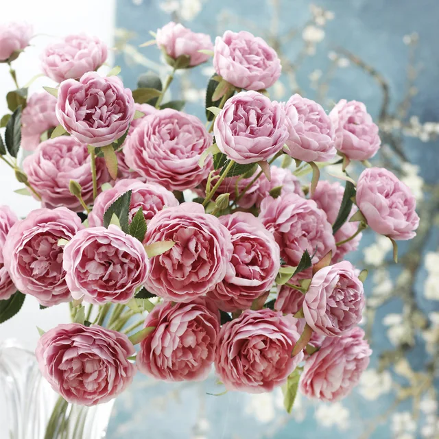Flor de seda de peonía de 3 cabezas, rama artificial, rosa de té, ramo de flores para decorar el hogar, flores falsas, flores de boda Flor de seda de peonía de 3 cabezas, rama artificial, rosa de té, ramo de flores para decorar el hogar, flores falsas, flores de boda