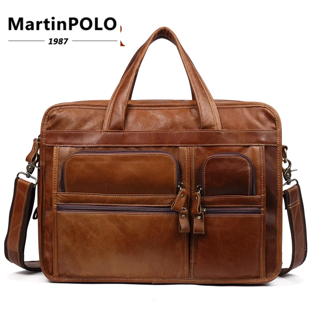 

Men's Genuine Leather Briefcase 15" Big Real Leather Laptop Tote Bag Cow Leather Business Bag Double Layer Messenger Handbags