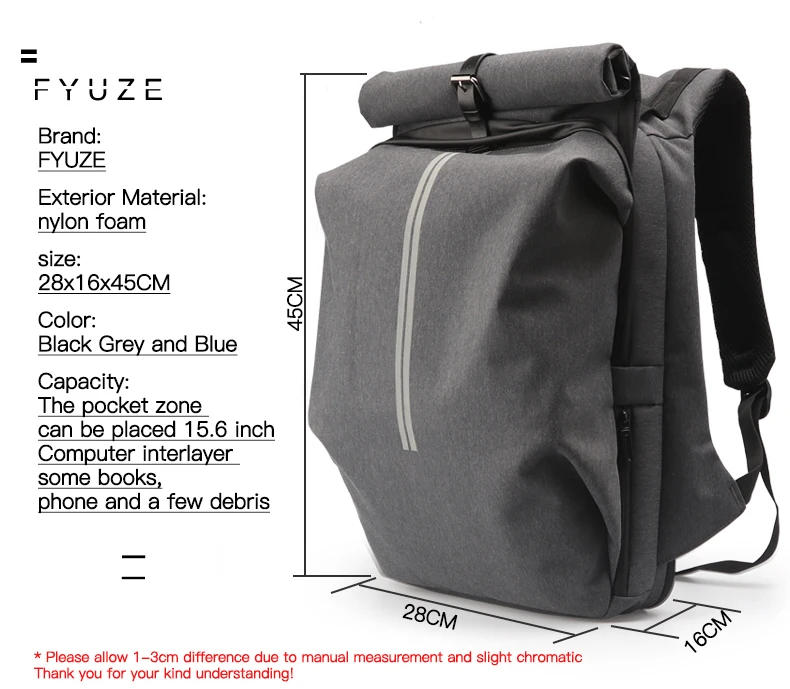 FYUZE Fashion Men Backpack for Laptop 15.6 inch Waterproof Travel Backpack Large Capacity College Student School Backpack