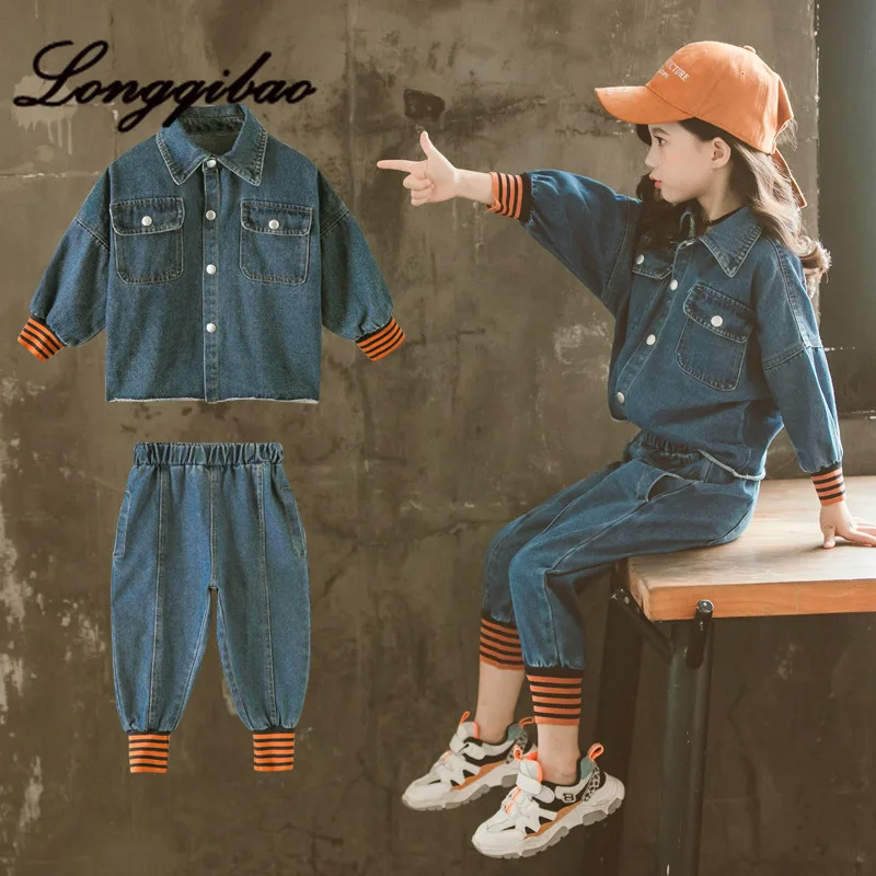 

Longqibao children's clothing autumn new Korean fashion girls denim suit casual foreign thread cuffs children two-piece suit