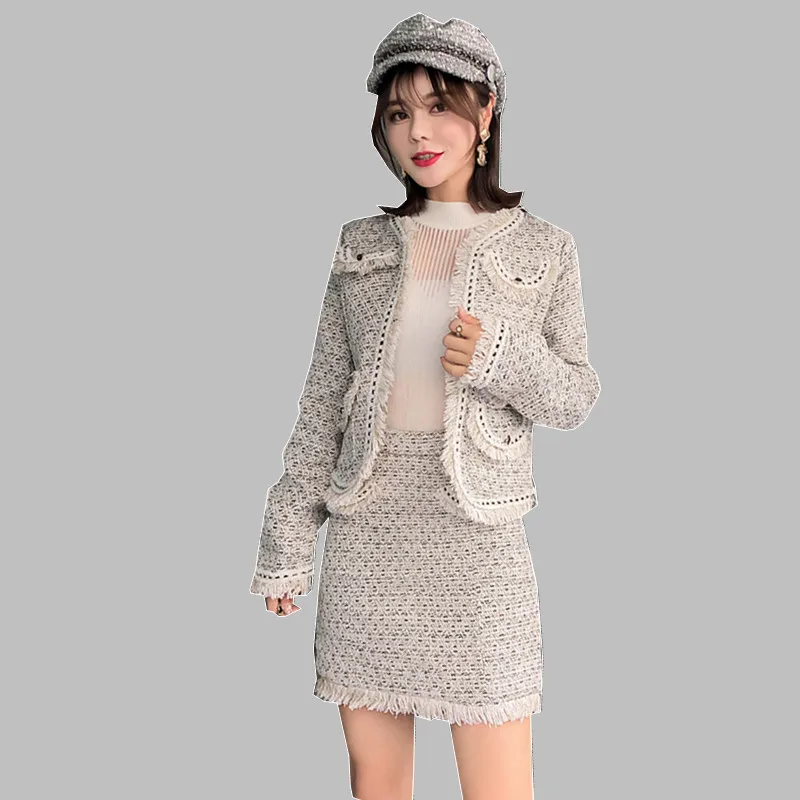 

HAMALIEL Women Tweed Skirt Suits Fashion Spring Winter Long Sleeve Tassel Jackets + High Waist Fringe Bodycon Pencil Skirt Sets