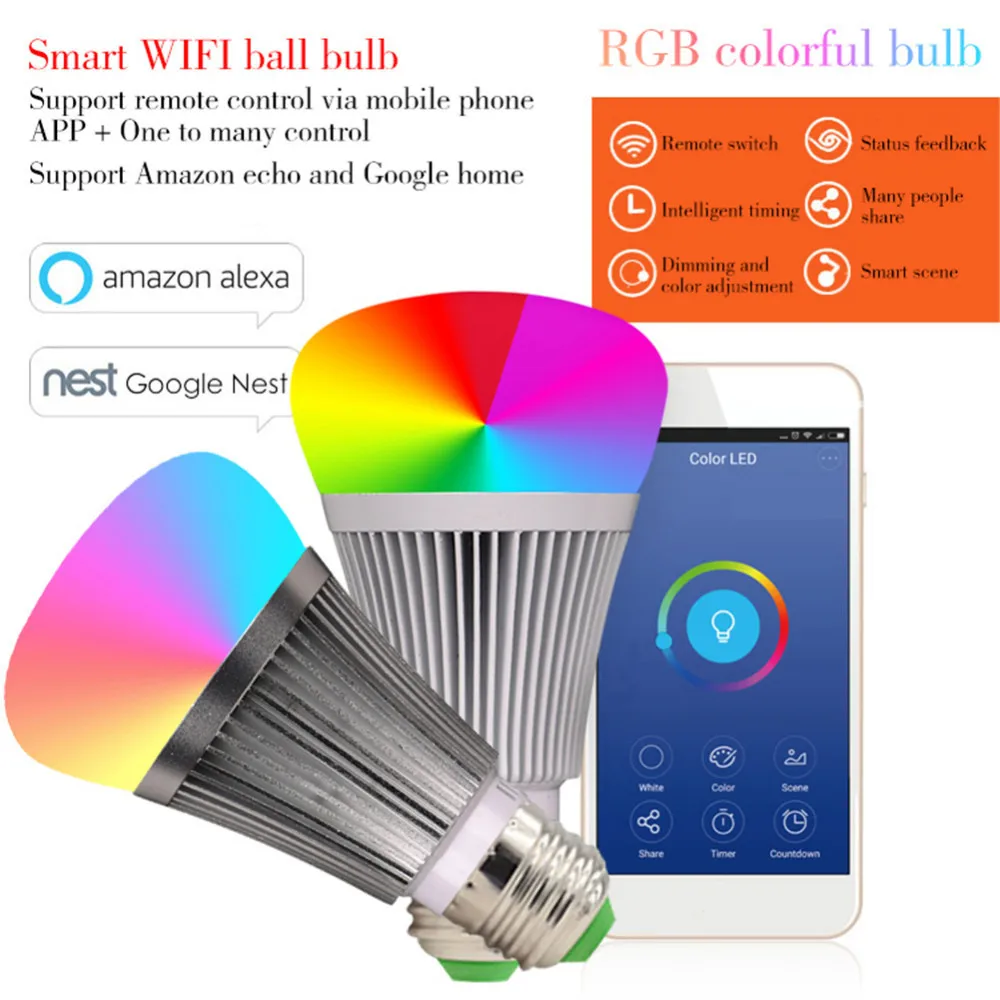 Geruite телефоны приложение Управление светодиодные лампочки E27/E26 B22 7 Вт RGB + белый