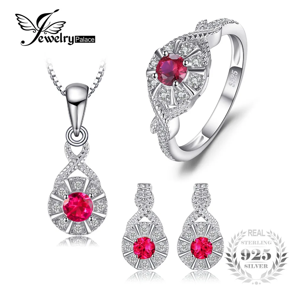 

JewelryPalace Vintage 1.2ct Created Ruby Halo Ring Pendant Necklace Stud Earrings Jewelry Sets 925 Sterling Silver Chain 45cm