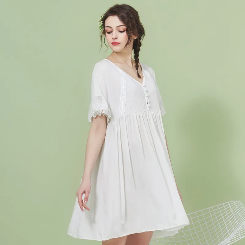 

2019 Summer Women Sweet Princess Nightgowns Lace Elegant Thin Home Wear Dress Sleepshirts Modal Sleepwear Loose Nightdress