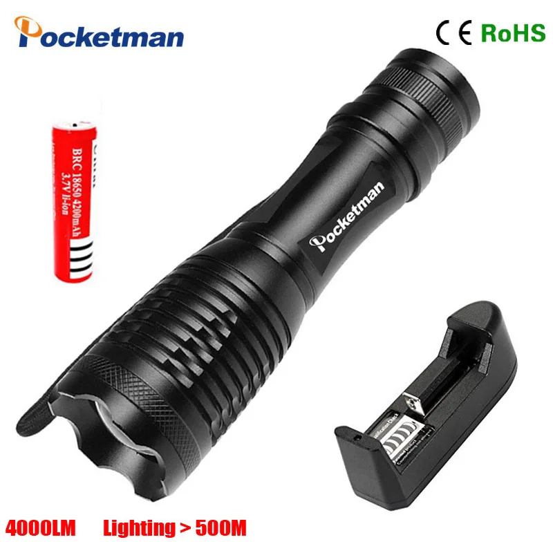 

Hot Sale Led Flashlight XM-L T6 4000LM Led Torch Lantern Zoomable + 2*18650 Rechargeable Battery + Charger Free Shipping