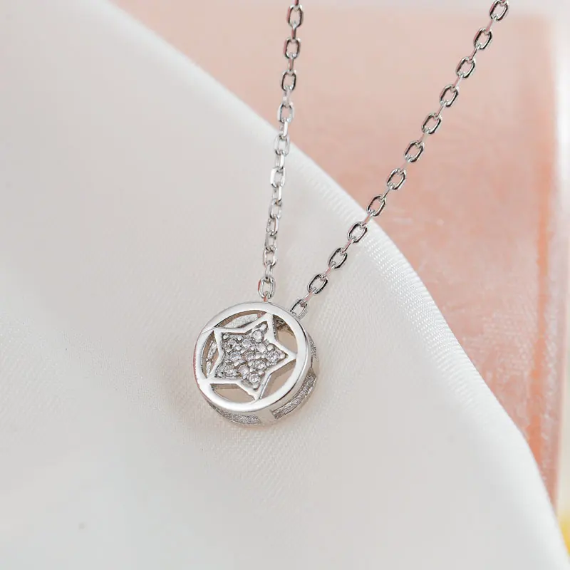 

SA SILVERAGE Real 925 Sterling Silver Necklaces Pendants Sun with Star Long Chain Fine Jewelry Round Pendant Silver Necklace