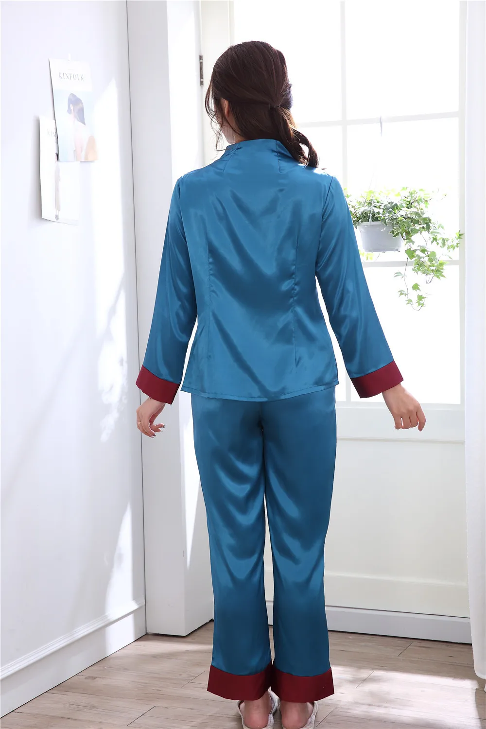 Новинка, Синяя Женская атласная пижама, костюм,, китайская женская пижама из 2 предметов, одежда для сна, пижама с вышитыми цветами, M-3XL