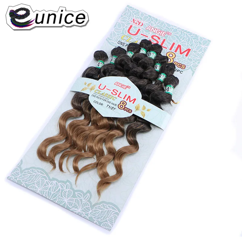 Feixes de Cabelo Extensões de Cabelo Pacote de Cabeça Cheia de Cabelo Eunice Ombre Sintético Onda Solta Feixes 14-20 Polegada 8 Pcs um Tece t1 – 27