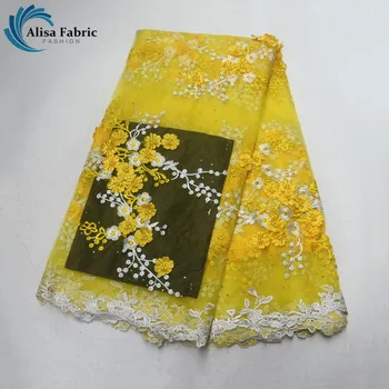 

Yellow French Tulle Lace 5 Yards African Guipure Lace With Beads 3D Applique Lace Fabric With Stones For Ladies Embroidery Dress