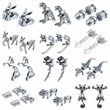 

QIAMNI 3D Vintage Punk Gothic Rose Flower Cat Lion Deer Crocodile Rabbit Dinosaurs Animal Stud Earrings Party Jewelry Men Women