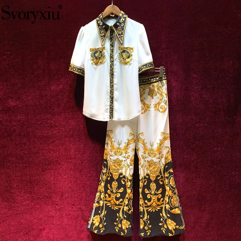 

Svoryxiu Designer Summer luxury Pants Suits Women's Beading Short Sleeve Blouse + Wide Leg Pants Vintage Printed Two Piece Set