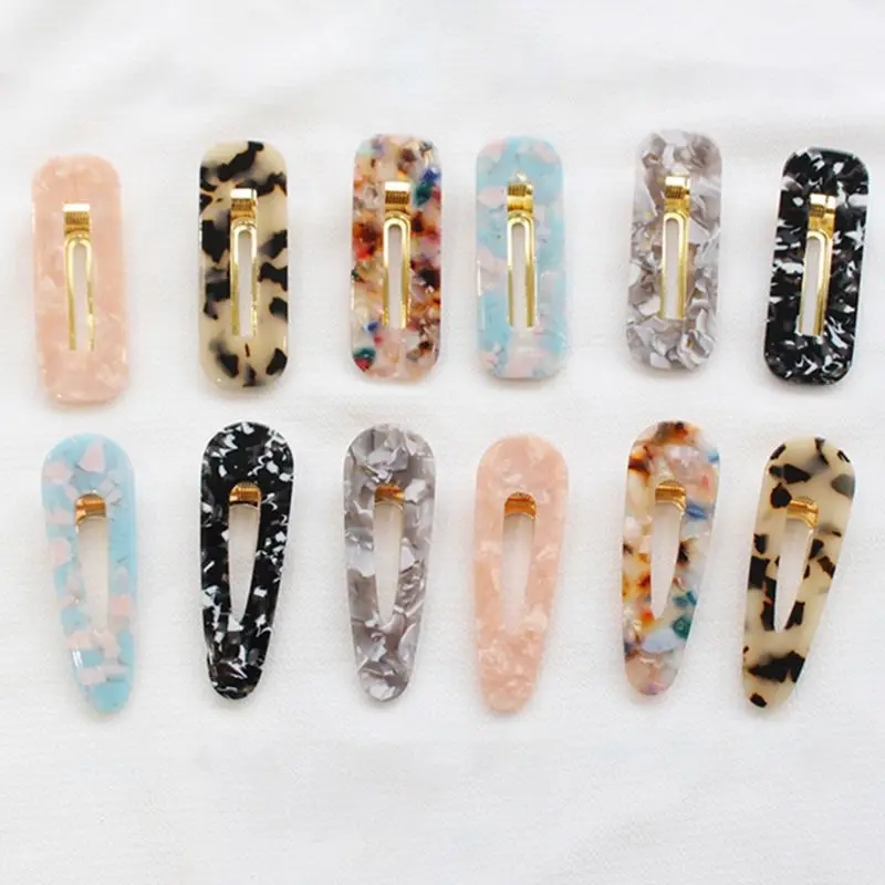 

Girls Hair Clip Hollow Geometric Water Drop Shape Duckbill Hairgrips Colored Marble Textured Printed Acetic Acid Barrettes W15