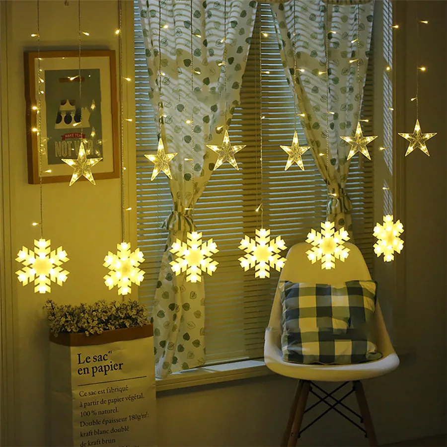 

2.5M led curtain light 138 Leds Star+Snowflakes Christmas decoration 8 Light Modes Home Foyer,Bedroom,Window,Party,Wedding