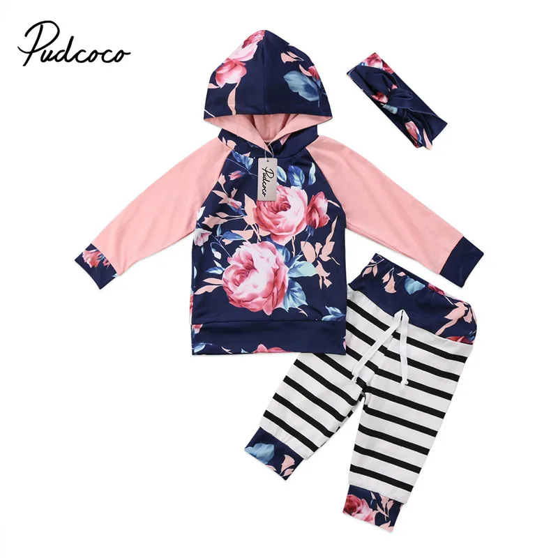 

Fashion Fall Spring 2018 Baby Girls Floral Hooded Sweatshirt Tops+Pants Leggings Patchwork Active Children Tracksuit Clothes Set