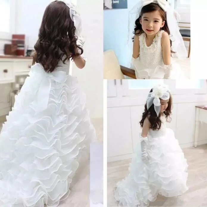 

2017 Tutu for Girls Birthday Dress White Lace Pearls Princess Flower Girl Dresses Special Occasion Custom First Communion Gown