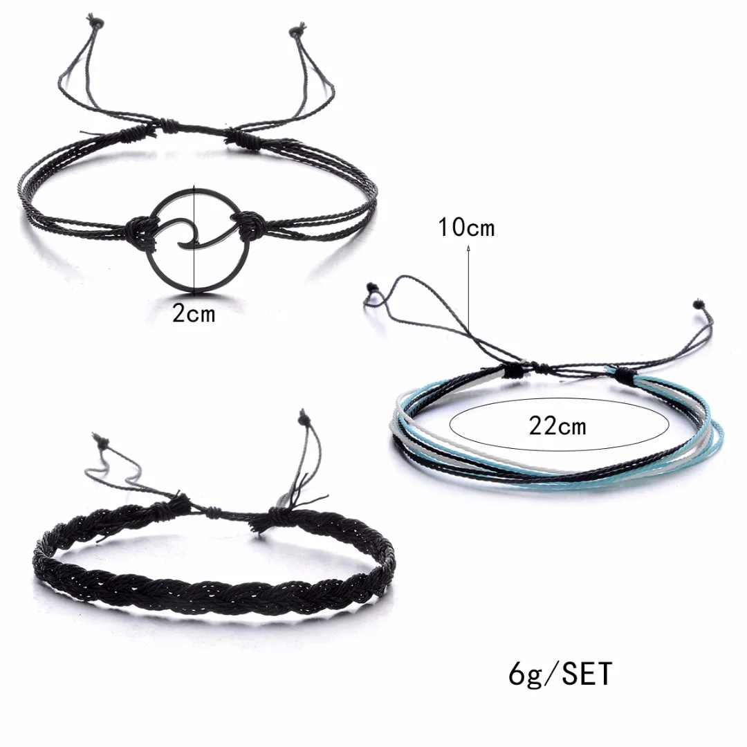 3pcs/set Bohemian Women Wave Bracelets Fashion Weave Rope Chain Set Adjustable Charm Bracelet Bangles Shellhard Boho Jewelry