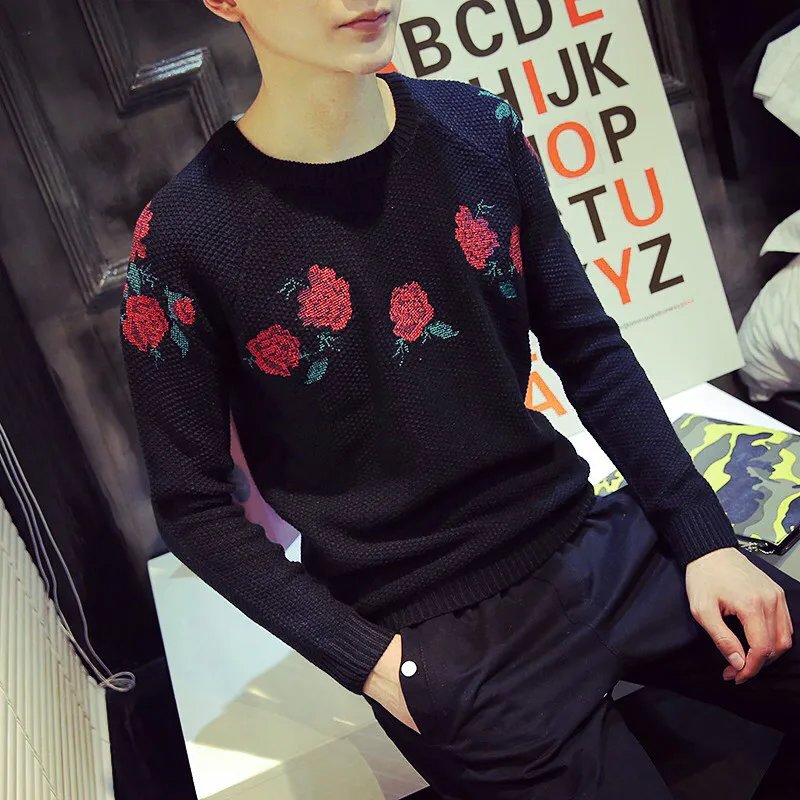 Rose Sweater Mens New 2015 Winter Pattern Knit Sweater Men Embroidery