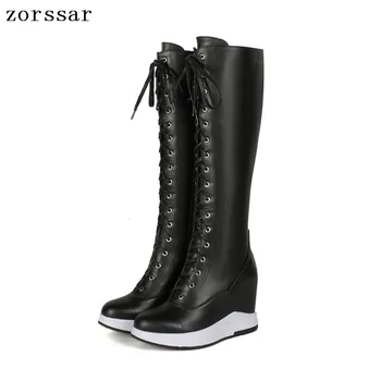

{Zorssar} women snow boots Genuine leather height increasing women shoes high heel Over the knee boots Platform wedges boots