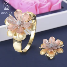 SISCATHY 2PCS Luxury Bangle Flower Shape Three Tones Cubic Zirconia Inlaid Bridal Wedding Bracelet Ring For Women Jewelry Sets SISCATHY 2PCS Luxury Bangle Flower Shape Three Tones Cubic Zirconia Inlaid Bridal Wedding Bracelet Ring For Women Jewelry Sets